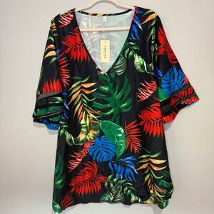 Tropical Leaf Print Swim Cover-Up